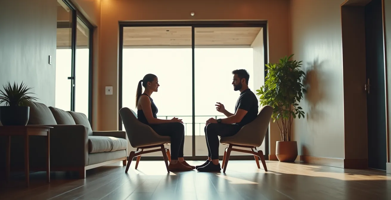 Un coach sportif et son client discutant calmement dans un espace lumineux de salle de sport.