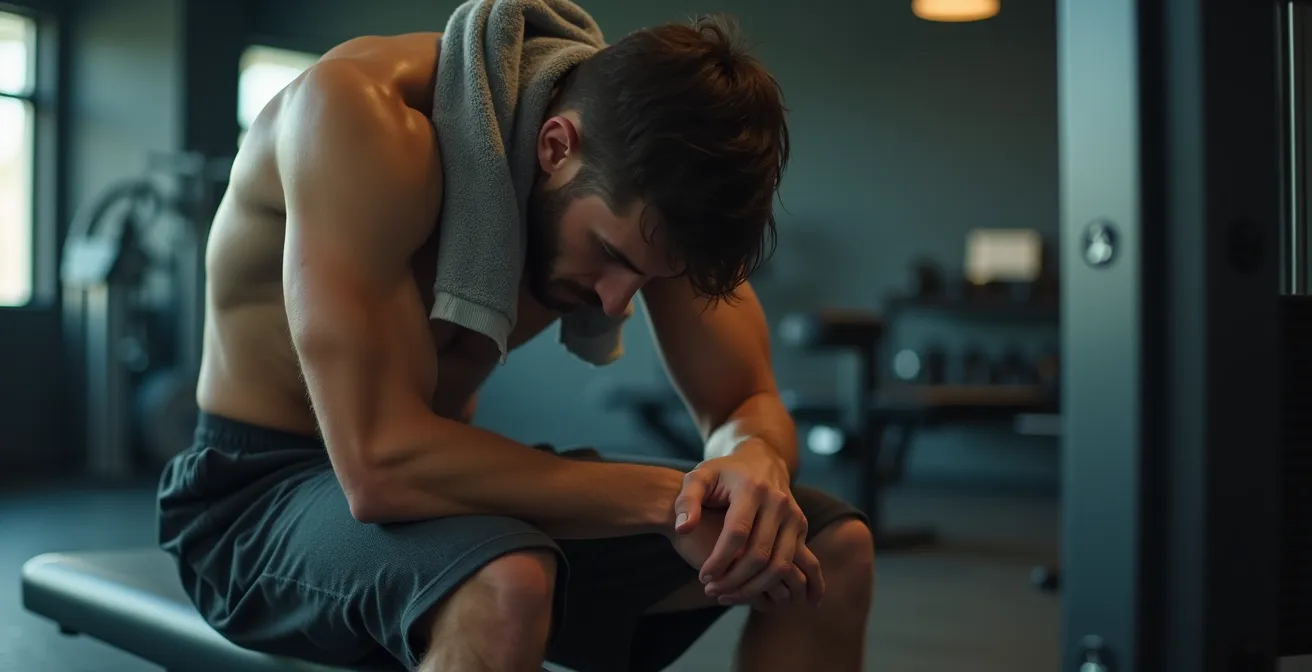 Un jeune homme découragé assis dans une salle de sport vide après un effort intense.