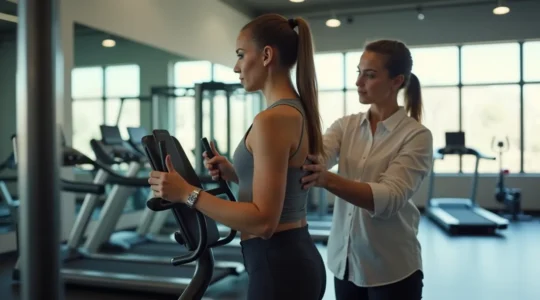 Un coach sportif guidant un débutant dans une salle de sport moderne avec lumière naturelle et composition équilibrée.