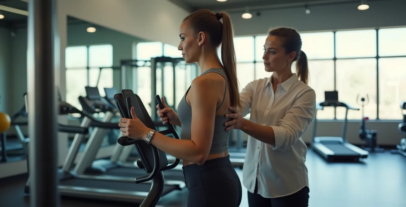 Un coach sportif guidant un débutant dans une salle de sport moderne avec lumière naturelle et composition équilibrée.