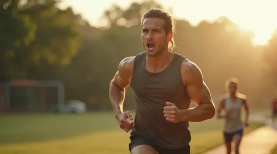 Photographie réaliste d'un sportif dynamique en plein effort avec une lumière cinématique mettant en valeur l'énergie et la vitalité