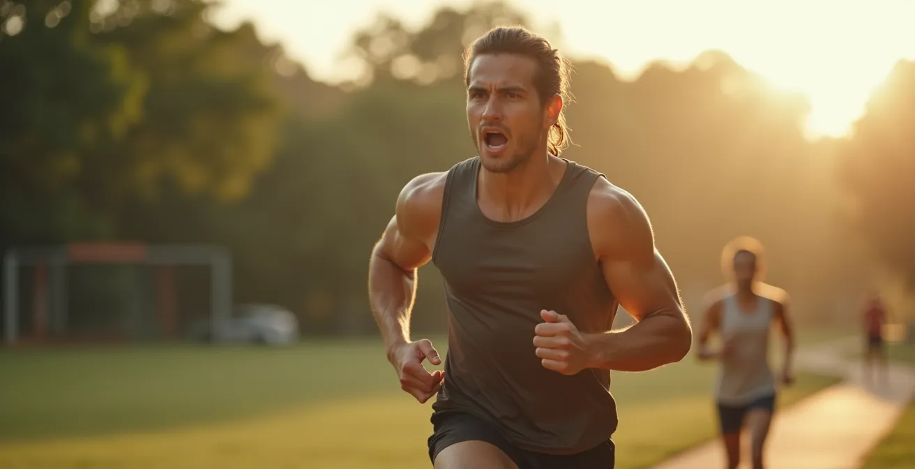 Photographie réaliste d'un sportif dynamique en plein effort avec une lumière cinématique mettant en valeur l'énergie et la vitalité